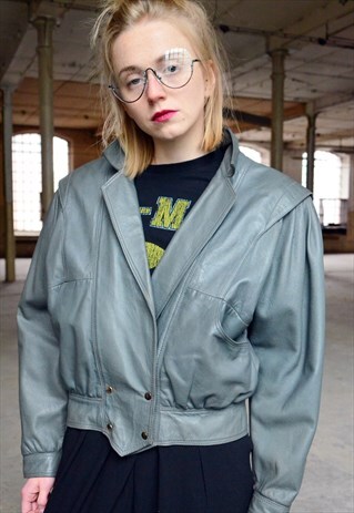 80S VINTAGE GREY REAL LEATHER JACKET