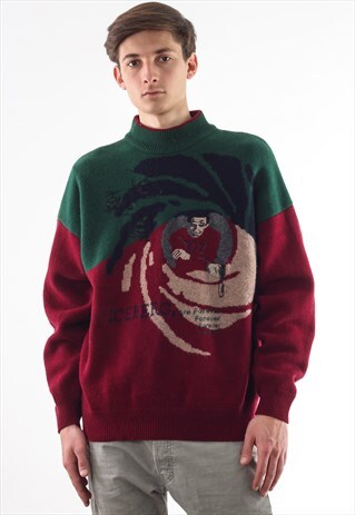 VINTAGE ICEBERG JAMES BOND 007 SWEATER 90S RED GREEN