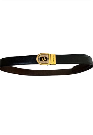 CHRISTIAN DIOR BELT BLACK GOLD LOGO MONOGRAM BUCKLE LEATHER 