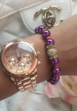 Purple and Gold Swarovski Crystal and Pearl Bead Bracelet 