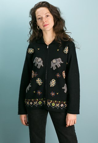 VINTAGE EMBROIDERED ELEPHANT ZIP-UP JUMPER IN BLACK