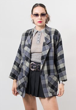 Vintage wool blazer in check pattern jacket preppy oversized