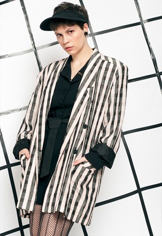 80S VINTAGE LONG PLAID BLAZER