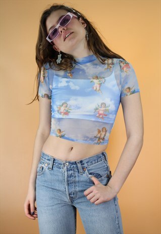 VINTAGE INSPIRED 90S Y2K BABY BLUE CHERUB ANGEL SKY CROP TOP