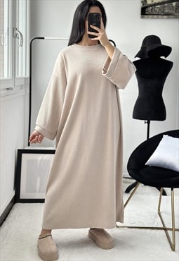 Long Sleeve Corduroy Maxi Dress (Beige)
