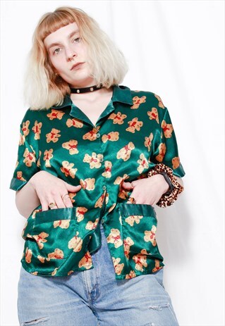 90s grunge y2k vintage green teddy bear satin kimono shirt