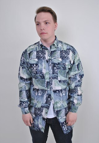 ABSTRACT PRINT RETRO SHIRT, BLUE FESTIVAL GRUNGE BUTTON DOWN