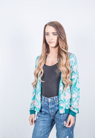 VINTAGE 1980S FESTIVAL BLUE AND PINK PATTERNED BOMBER JACKET