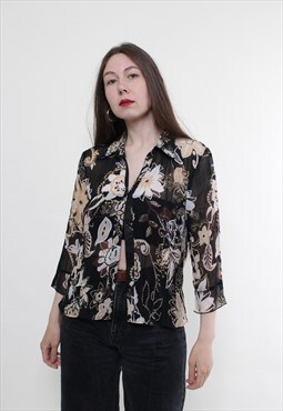 Vintage 90s sheer blouse, black flowers blouse transparent 