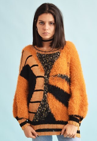 80'S RETRO ABSTRACT PATTERN FLUFFY KNIT SLOUCHY JUMPER