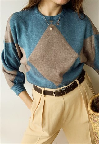 VINTAGE 70S ARGYLE MOD BATWING KNIT JUMPER SWEATER