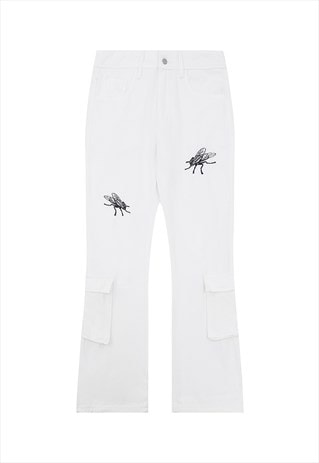 Cargo pocket jeans fly applique punk denim pants in white