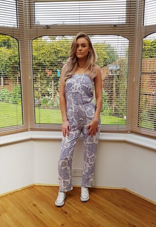 VINTAGE SLEEVELESS PURPLE PAISLEY PRINT JUMPSUIT PLAYSUIT