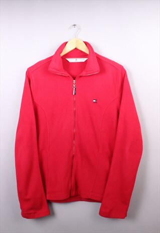 WOMENS VINTAGE TOMMY HILFIGER RED FULL ZIP FLEECE JUMPER