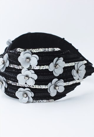 BLACK HEADBAND,HANDMADE HEADBAND,SILVER FLORAL HEADBAND