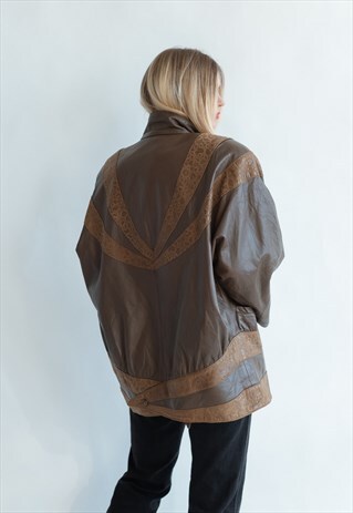 VINTAGE 80S OVERSIZED LEATHER JACKET WITH CONTRAST INSERTS