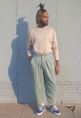 90S MINIMALIST GREEN SILK FEEL PLEATED CROPPED TROUSERS