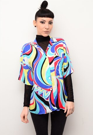 VINTAGE 90'S RETRO FUNKY WAVY COLOURS PATTERNED SHIRT