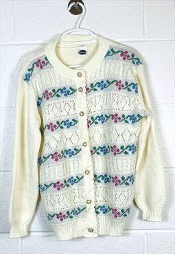 Vintage Knitted Flower Patterned Cardigan Cream Abstract 