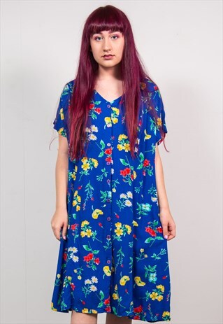 VINTAGE 90'S BLUE FLORAL PRINT OVERSIZED MIDI DRESS