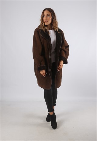 VINTAGE SHEEPSKIN SUEDE SHEARLING COAT MID UK 16 - 18 (K93M)
