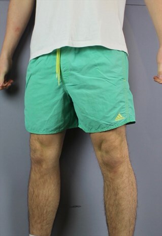 VINTAGE ADIDAS SHORTS IN GREEN BLUE WITH POCKETS, DRAWSTRING