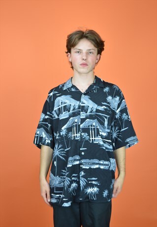 Vintage blue graphic Hawaiian short sleeve festival shirt