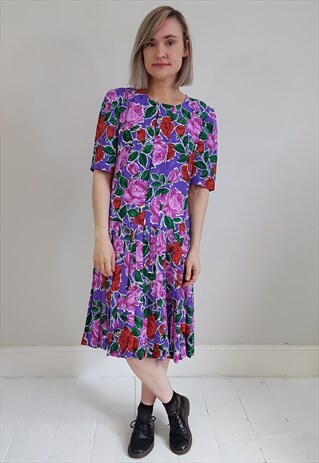 VINTAGE 80'S VIBRANT PURPLE AND PINK DROP WAIST DRESS