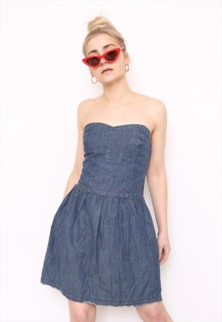 VINTAGE 90S BLUE DENIM STRAPLESS MINI DRESS