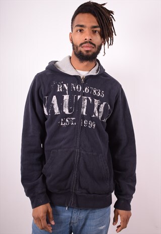 NAUTICA MENS VINTAGE HOODIE SWEATER MEDIUM NAVY BLUE 90S