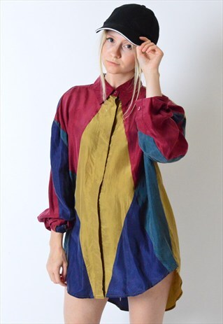 VINTAGE 90S COLOUR BLOCK LONG SLEEVE SILK SHIRT