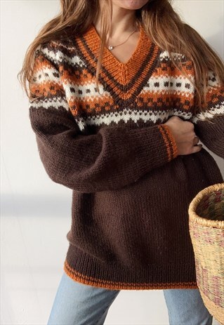 VINTAGE 70S KNIT FAIR ISLE NORDIC CHUNKY JUMPER CHRISTMAS