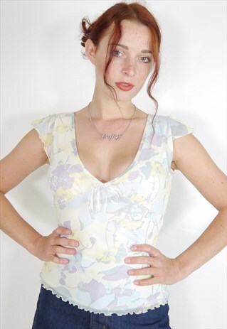 VINTAGE 90S Y2K PASTEL FLORAL MESH OVERLAY LETTUCE HEM TOP
