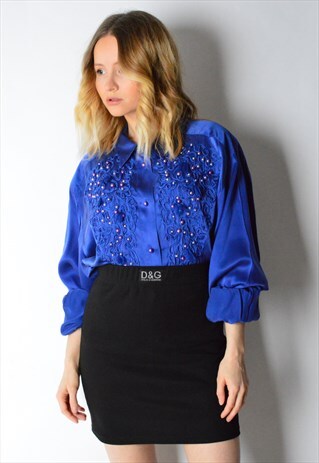 VINTAGE 80S BLUE SILK BEADED BLOUSE