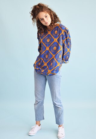 80'S RETRO ORIENTAL PRINT LOOSE-FITTED MOMS BLOUSE TOP