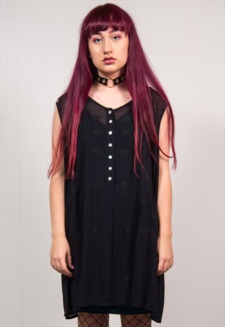 90'S BLACK SHEER SUN EMBROIDERED SLEEVELESS BLOUSE SHIRT
