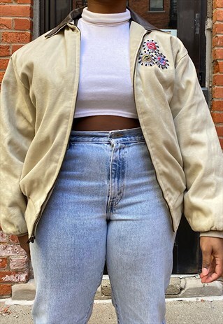 VINTAGE UAW LEATHER COLLAR PLAID LINED JACKET