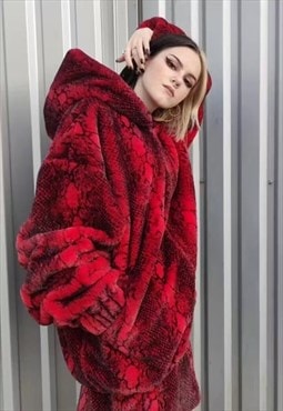 Python fleece hood jacket handmade snake faux fur coat red