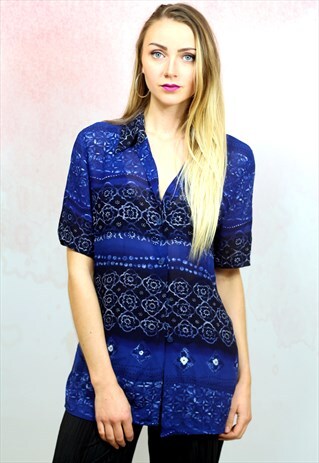 1990S VINTAGE DARK BLUE SEMI SHEER BUTTON UP SHIRT BLOUSE