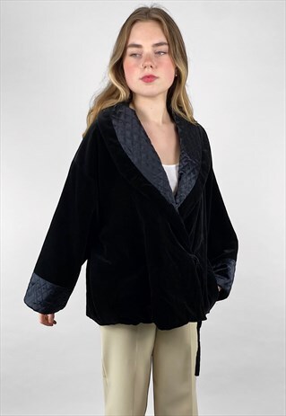 80's Black Velvet Ladies Vintage Wrap Batwing Jacket