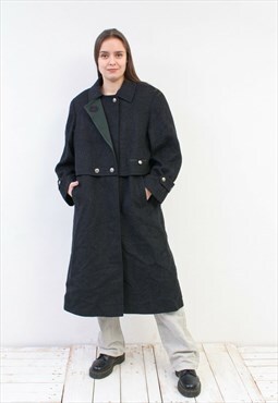 Vintage Loden Women's L XL Wool Coat Jacket Black Grey Long 