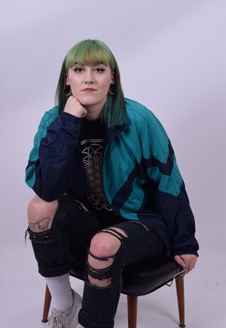 VINTAGE 90'S BLUE & GREEN WINDBREAKER SHELL JACKET SIZE MED