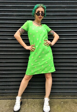 VINTAGE LIME GREEN DAISY PRINT DRESS