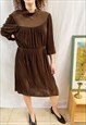 VINTAGE 70S LUXE ELEGANT CORRUGATED MIDI DRESS BROWN