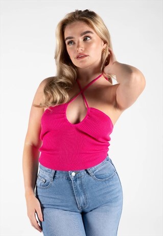 JUSTYOUROUTFIT HOT PINK KNITTED BACK TIE HALTERNECK CROP TOP