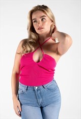 JUSTYOUROUTFIT Hot Pink Knitted Back Tie Halterneck Crop Top