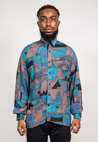VINTAGE 90'S MULTICOLOUR ABSTRACT PATTERN LONG SLEEVE SHIRT