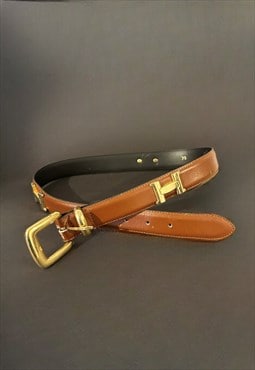 80's Vintage Brown Leather Gold Hardware H Logo Belt