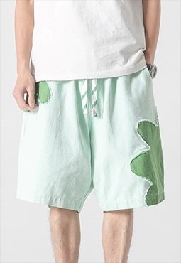 Leaf print shorts sheet patch pants in light blue green