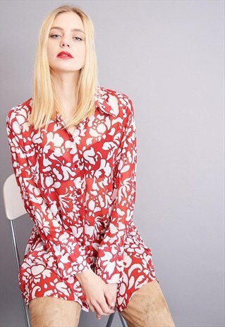 90'S RETRO FLORAL PRINT OVERSIZED SHEER SHIRT TOP